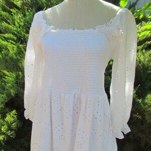 WHITE DRESS, L, JGEE COTTON LACE w EMPIRE BODICE, BUTTERFLY ACCENTS, 3/4 SLEEVES